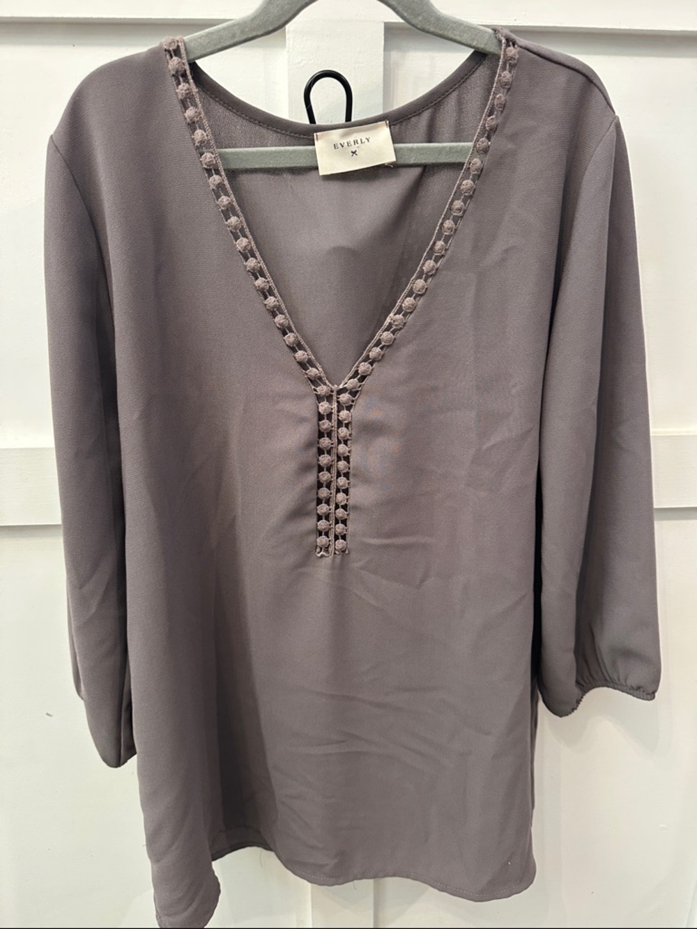 Everly Dusty Grey V-Neck Pom Trim Blouse